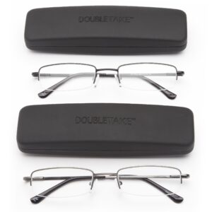 DOUBLETAKE Reading Glasses - 2 Pairs Compact Case Semi Rimless Readers