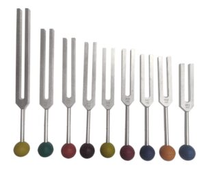 radical solfeggio tuning fork set - 9 tuning forks perfect for dna healing w chakra color rubber balls and wood hammer mallet, sound therapy,(174 hz, 285 hz, 396 hz, 417 hz, 528 hz, 639 hz etc)