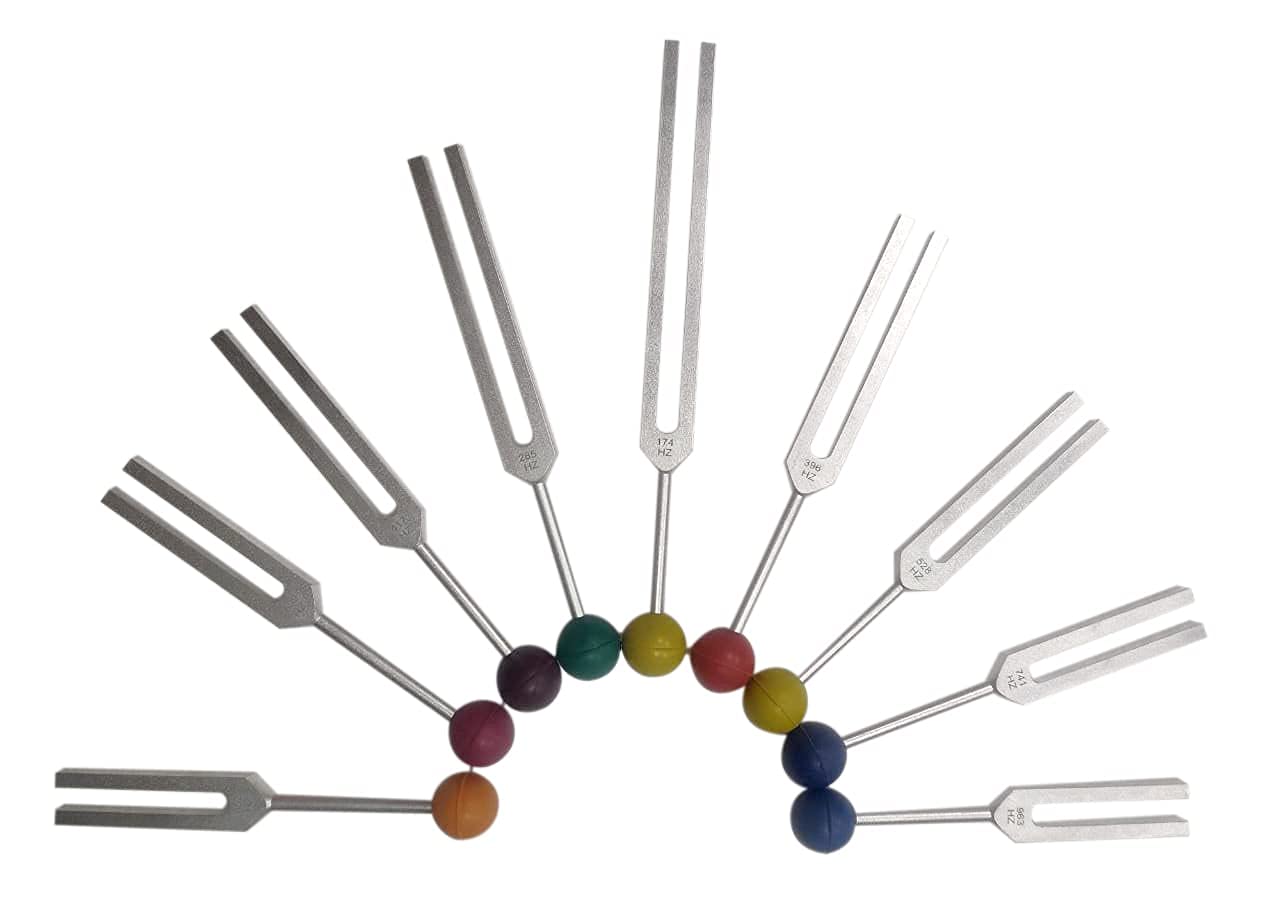 Radical Solfeggio Tuning Fork Set - 9 Tuning Forks Perfect for DNA Healing w Chakra Color Rubber Balls and Wood Hammer Mallet, Sound Therapy,(174 Hz, 285 Hz, 396 Hz, 417 Hz, 528 Hz, 639 Hz etc)