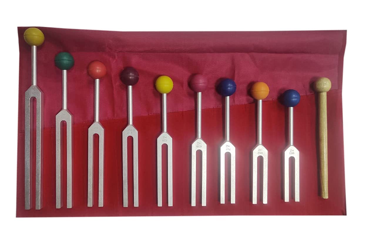 Radical Solfeggio Tuning Fork Set - 9 Tuning Forks Perfect for DNA Healing w Chakra Color Rubber Balls and Wood Hammer Mallet, Sound Therapy,(174 Hz, 285 Hz, 396 Hz, 417 Hz, 528 Hz, 639 Hz etc)