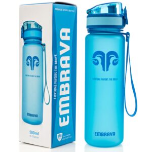 embrava best sports water bottle - 17oz small - eco friendly & bpa-free plastic - for running, gym, yoga, outdoors and hiking - fast water flow, flip top, opens with 1-click - leak-proof lid