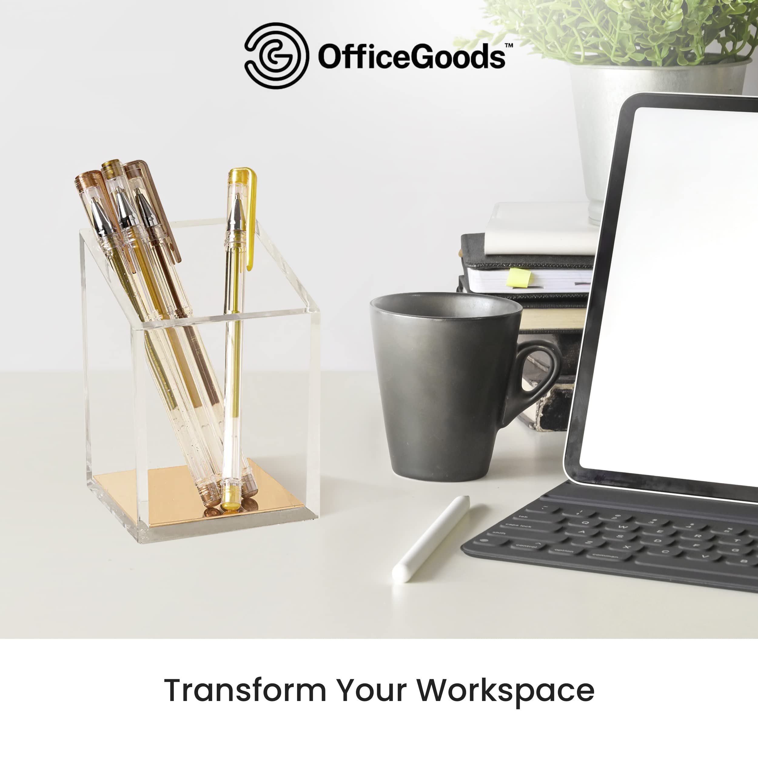 OfficeGoods Acrylic Pen & Pencil Holder - Modern Trapezoid Design - Beautiful Desk Organizer for Home or Office - Contrasting Metal Base - 3" Square w/ 3.5" Front & 4.5" Back - Gold