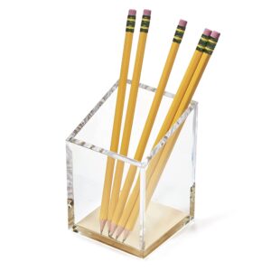 OfficeGoods Acrylic Pen & Pencil Holder - Modern Trapezoid Design - Beautiful Desk Organizer for Home or Office - Contrasting Metal Base - 3" Square w/ 3.5" Front & 4.5" Back - Gold