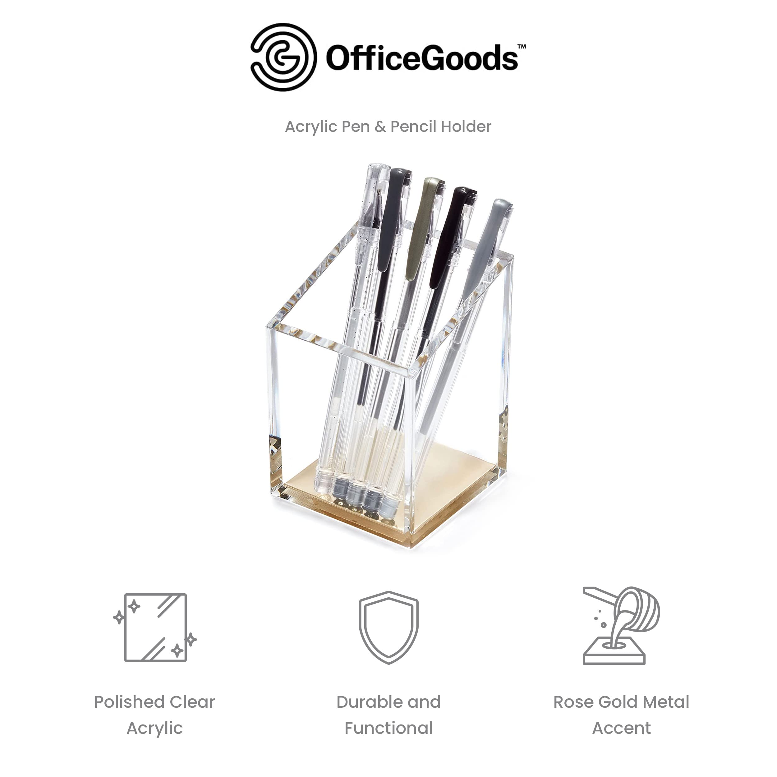 OfficeGoods Acrylic Pen & Pencil Holder - Modern Trapezoid Design - Beautiful Desk Organizer for Home or Office - Contrasting Metal Base - 3" Square w/ 3.5" Front & 4.5" Back - Gold