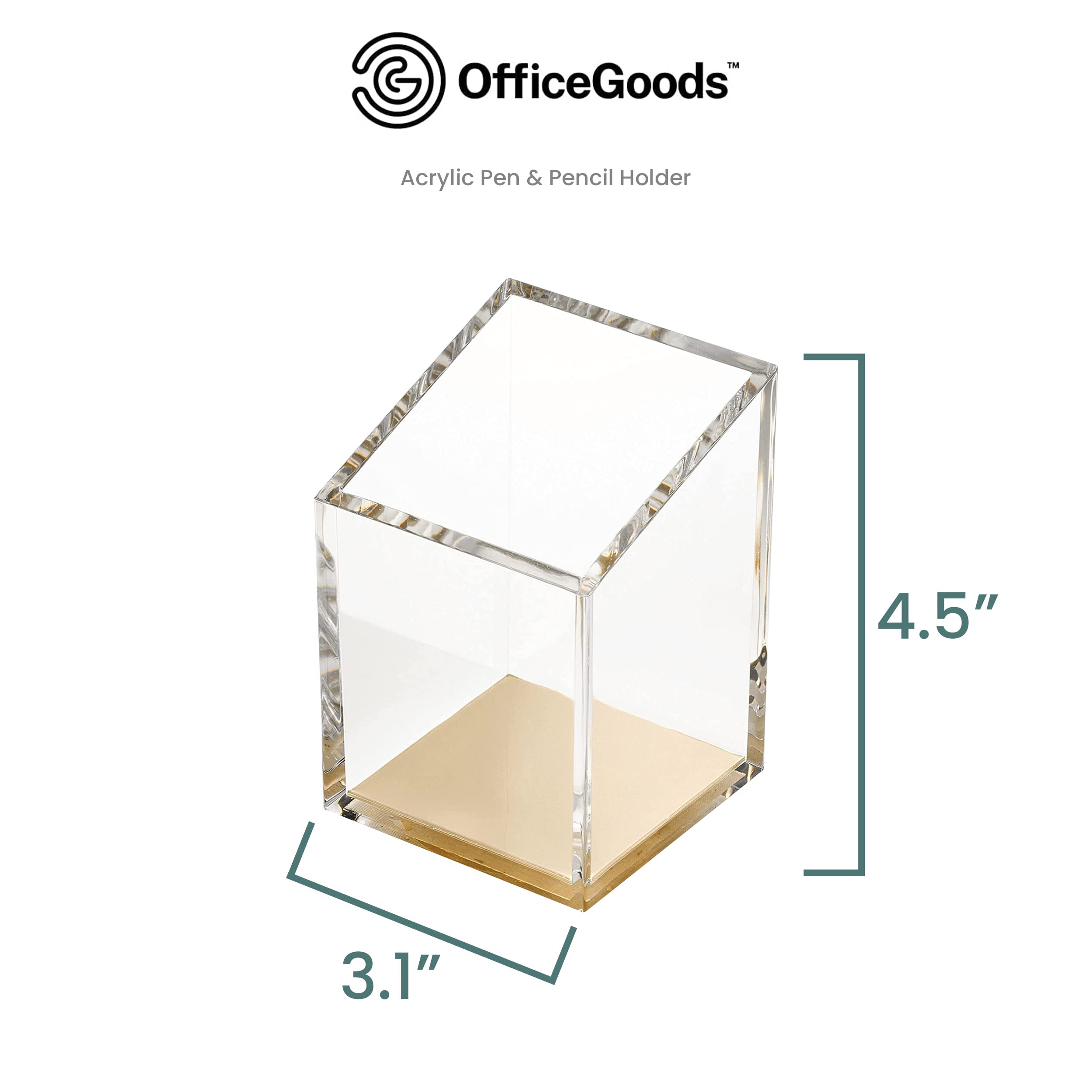 OfficeGoods Acrylic Pen & Pencil Holder - Modern Trapezoid Design - Beautiful Desk Organizer for Home or Office - Contrasting Metal Base - 3" Square w/ 3.5" Front & 4.5" Back - Gold