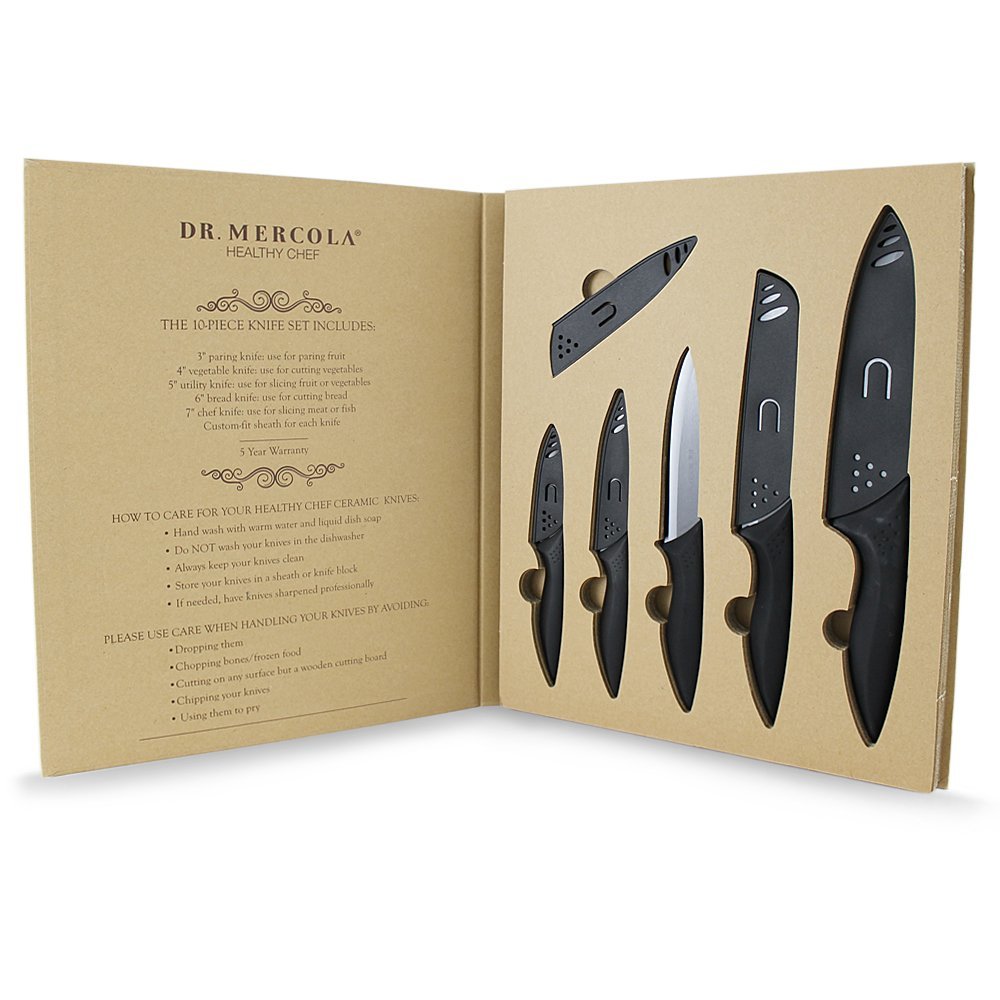 Dr. Mercola Black Ceramic Knife Set, 5 Piece set with Sheath