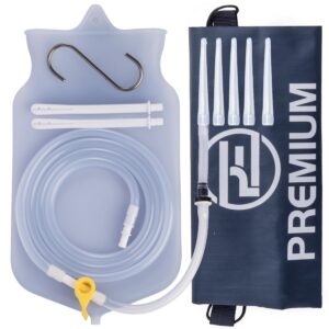 pe premium enema clear silicone enema bag kit - 2 quart, reusable for coffee & water colon cleanse - 6.75 foot long hose, 7 tips included. enemas for colon cleanse men and women. detox cleanse.