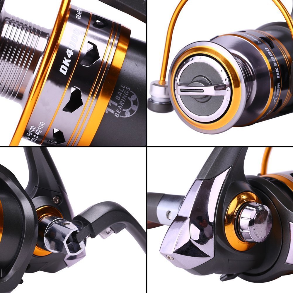 Sougayilang Spinning Fishing Reels with Left/right Collapsible Wood Handle Powerful Metal Body 5.2:1/5.1:1 Gear Ratio Smooth 11BB for Inshore Boat Rock Freshwater Saltwater Fishing -DK6000