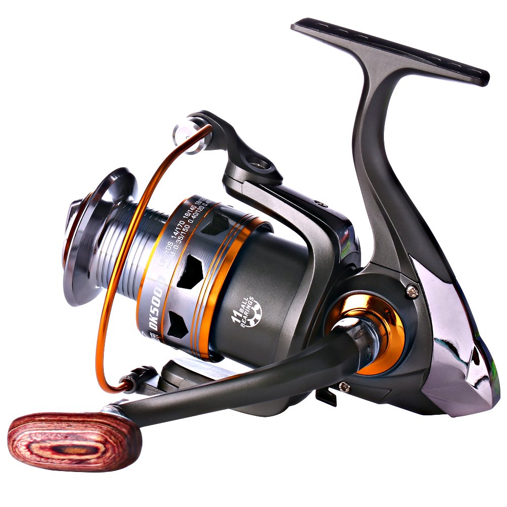 Sougayilang Spinning Fishing Reels with Left/right Collapsible Wood Handle Powerful Metal Body 5.2:1/5.1:1 Gear Ratio Smooth 11BB for Inshore Boat Rock Freshwater Saltwater Fishing -DK6000