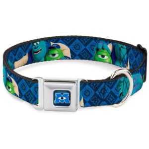 buckle-down seatbelt buckle dog collar - monsters university sulley & mike poses/checkers blue - 1" wide - fits 15-26" neck - large