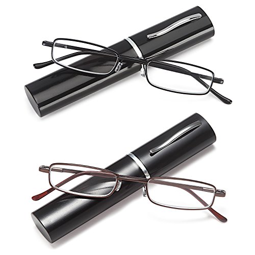 DoubleTake 2 Pairs of Classic Readers in Slim Pen Clip Portable Hard Case Reading Glasses, (1.75x)