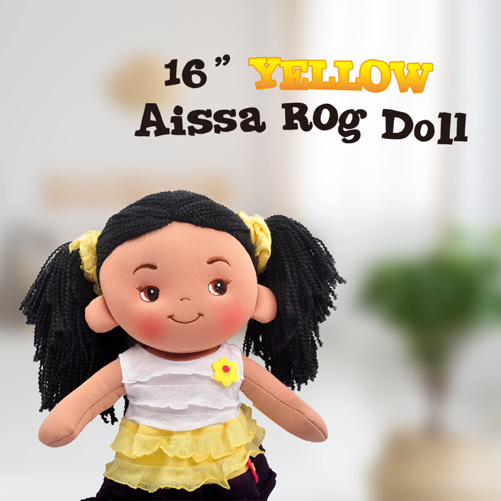 Linzy Plush 16" Yellow Aissa Rag Doll for Girls, Soft Plush Rag Doll, Sleeping Cuddle Buddy for Toddlers, Infants and Babies, Muñecas de trapo para niña, First Doll for Kids, Safe for All Ages