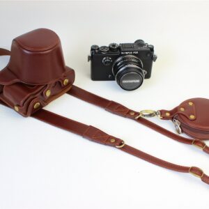 Olympus Pen-F Case, BolinUS Handmade Genuine Real Leather Fullbody Camera Case Bag Cover for Olympus Pen-F Bottom Opening Version with Neck Strap - Brown