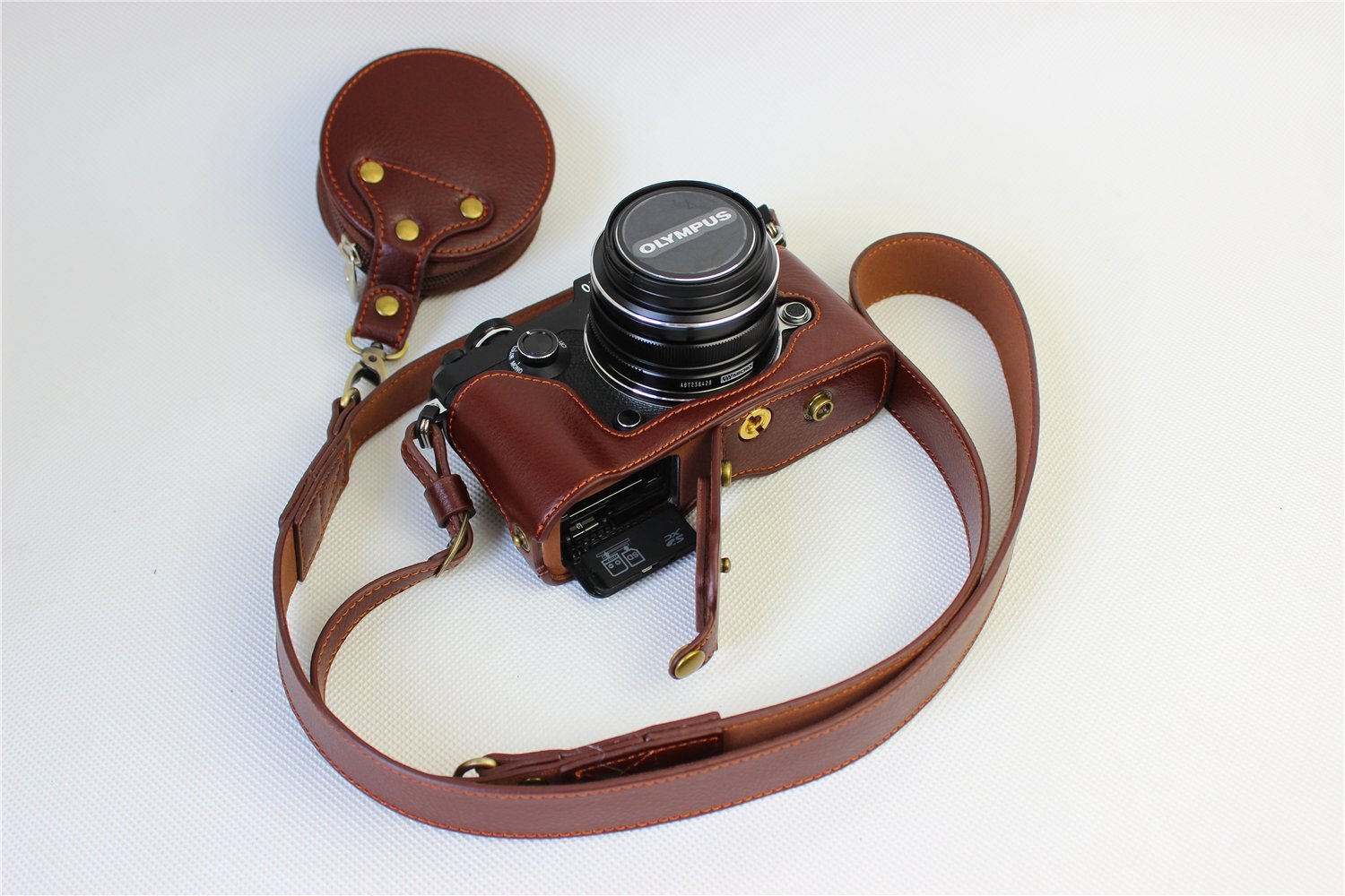 Olympus Pen-F Case, BolinUS Handmade Genuine Real Leather Fullbody Camera Case Bag Cover for Olympus Pen-F Bottom Opening Version with Neck Strap - Brown