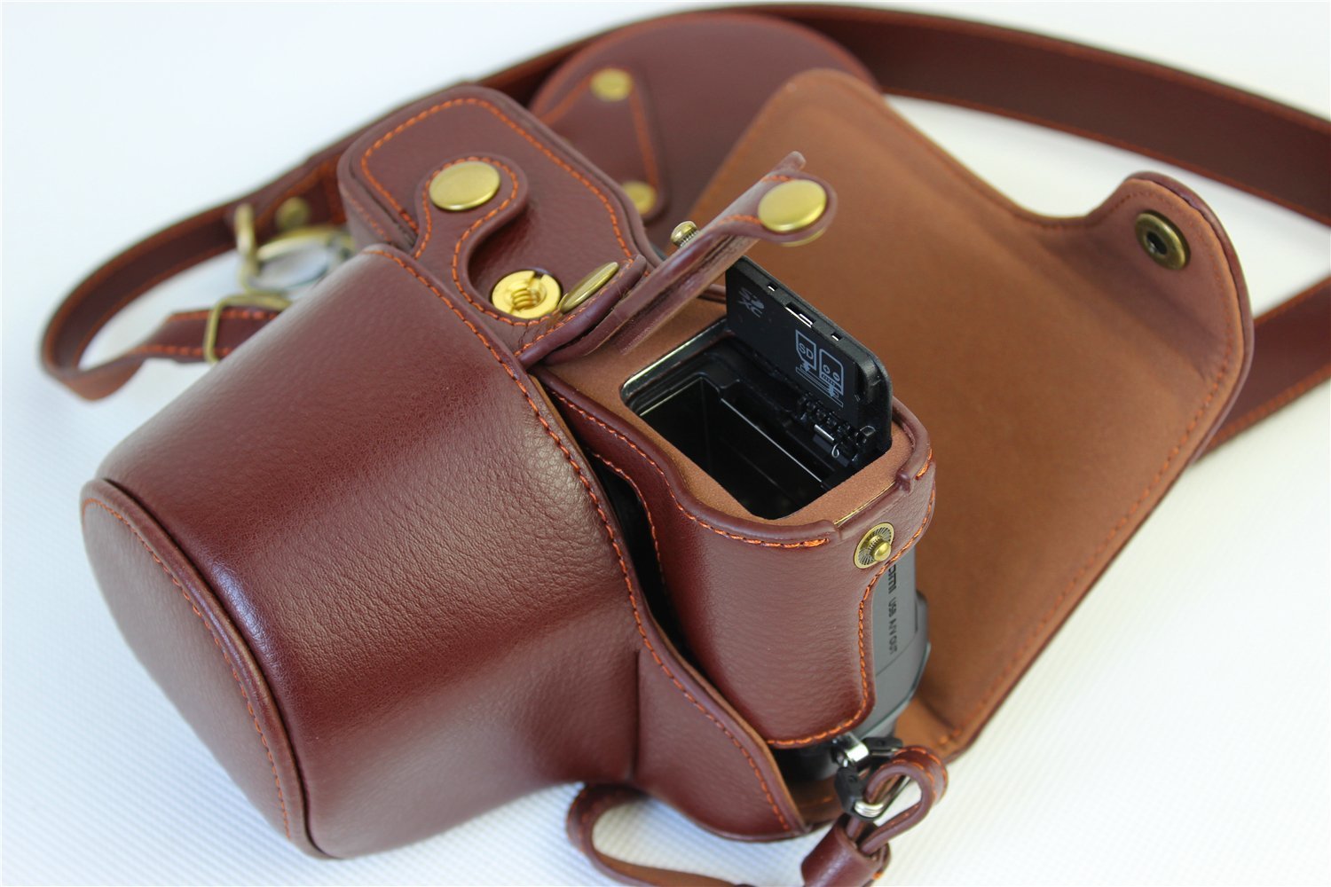 Olympus Pen-F Case, BolinUS Handmade Genuine Real Leather Fullbody Camera Case Bag Cover for Olympus Pen-F Bottom Opening Version with Neck Strap - Brown