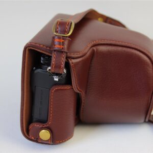 Olympus Pen-F Case, BolinUS Handmade Genuine Real Leather Fullbody Camera Case Bag Cover for Olympus Pen-F Bottom Opening Version with Neck Strap - Brown