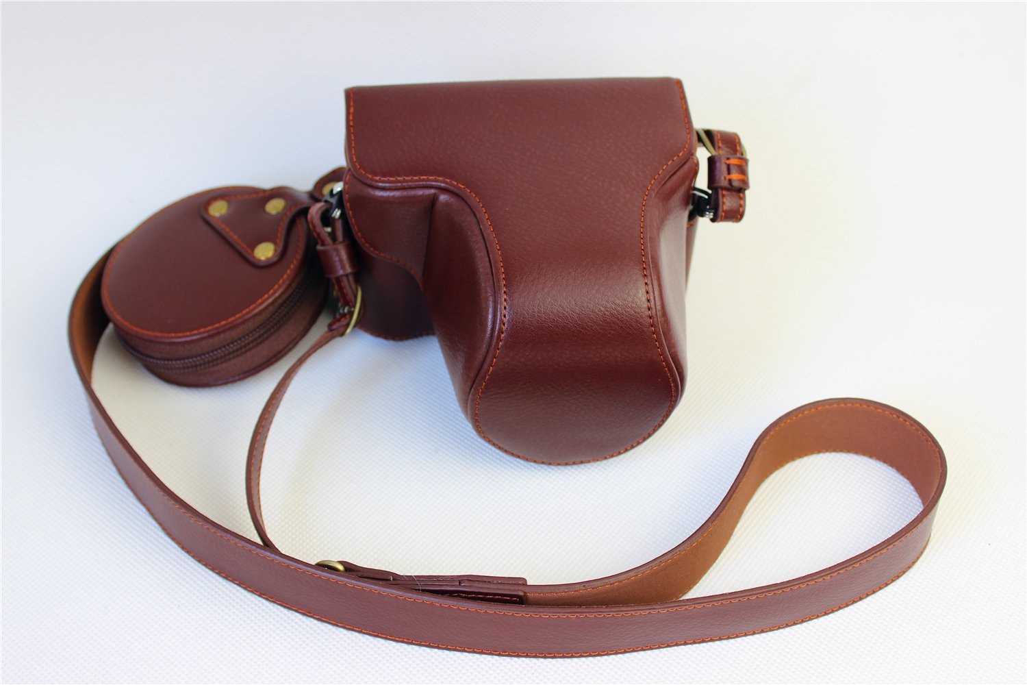 Olympus Pen-F Case, BolinUS Handmade Genuine Real Leather Fullbody Camera Case Bag Cover for Olympus Pen-F Bottom Opening Version with Neck Strap - Brown