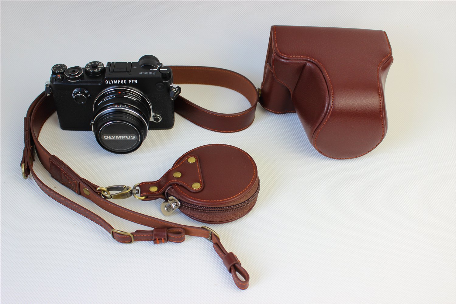 Olympus Pen-F Case, BolinUS Handmade Genuine Real Leather Fullbody Camera Case Bag Cover for Olympus Pen-F Bottom Opening Version with Neck Strap - Brown