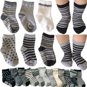 kakalu 6 pairs assorted non skid ankle cotton socks baby walker boys girls toddler anti slip stretch knit stripes star footsocks sneakers crew socks with grip for 16-36 months baby