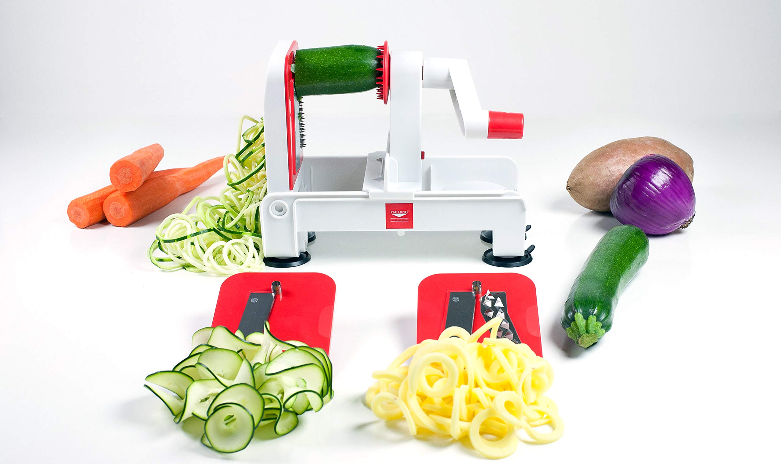 Paderno World Cuisine 3-Blade Folding Vegetable Slicer / Spiralizer Pro, Counter-Mounted and includes 3 Different Stainless Steel Blades