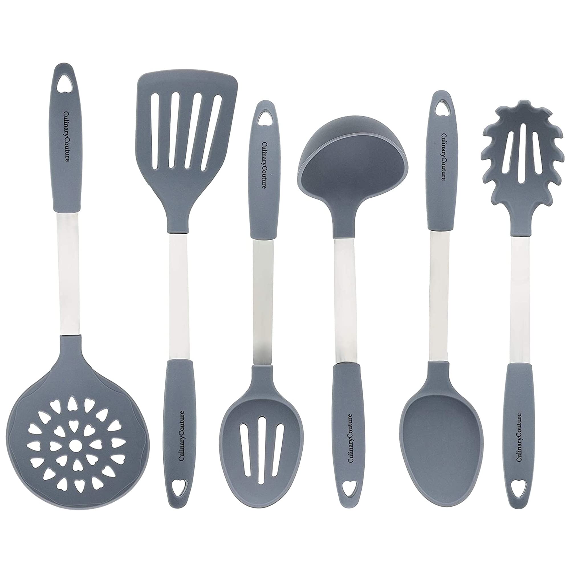 Culinary Couture 6-Piece Stainless Steel & Silicone Kitchen Utensils Set, Silicone Cooking Utensils, Heat Resistant Kitchen Cooking Utensils Set, Grey