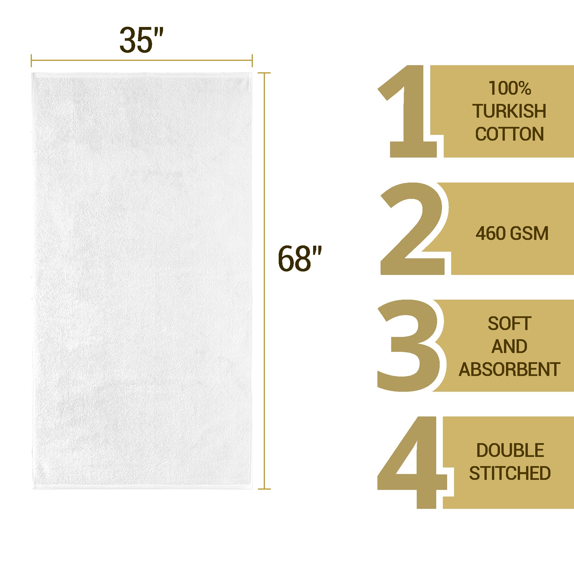 GT Globaltex Fine Linens Set of 3 Luxurious Towels for Beach, Pool, Spa, and Bath, 100% Turkish Cotton Beach and Bath Towel Set, 35x68 Inches, Your Path to Premium Comfort and Absorbency (White)