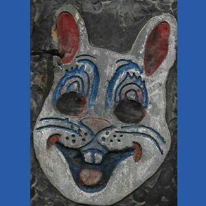 vintage halloween bunny mask wood art, carved and painted wooden rabbit wall hanging, 3-d relief sculpture, measures: 7 x 11" made to order (allow 1-4 weeks for production & delivery)