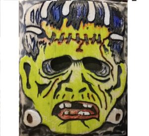 vintage halloween mask wood wall art,carved and painted frankenstein 3-d wall hanging, retro halloween decor. measure: approx. 7 x 11" (allow 1-4 weeks for production & delivery)