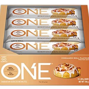 ONE Protein Bars, Cinnamon Roll, Gluten Free Protein Bars with 20g Protein and 1g Sugar, Pantry Staples, 2.12 oz (12 Count)