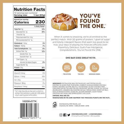 ONE Protein Bars, Cinnamon Roll, Gluten Free Protein Bars with 20g Protein and 1g Sugar, Pantry Staples, 2.12 oz (12 Count)