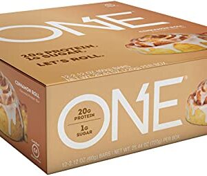 ONE Protein Bars, Cinnamon Roll, Gluten Free Protein Bars with 20g Protein and 1g Sugar, Pantry Staples, 2.12 oz (12 Count)