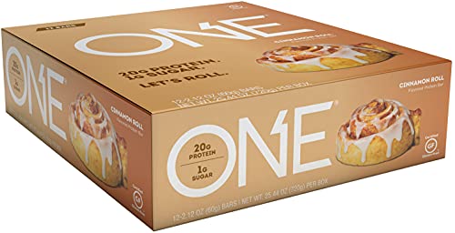 ONE Protein Bars, Cinnamon Roll, Gluten Free Protein Bars with 20g Protein and 1g Sugar, Pantry Staples, 2.12 oz (12 Count)