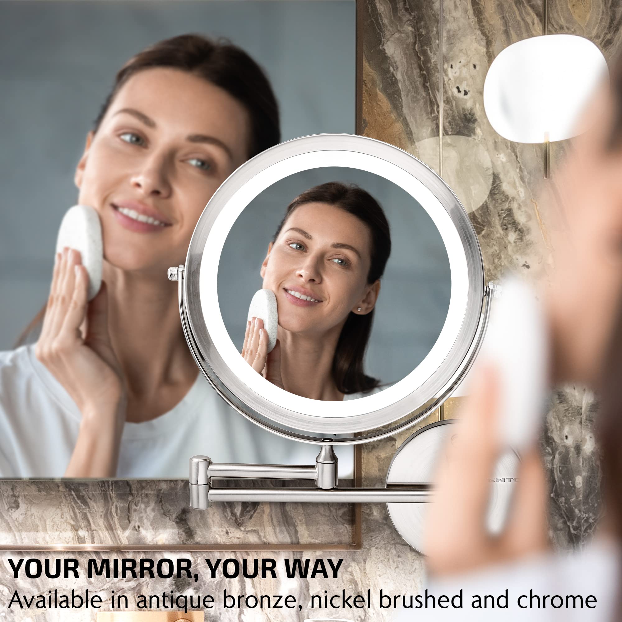 Ovente 8.6" Lighted Wall Mount Makeup Mirror, 1X & 10X Magnifier, Adjustable Double Sided Round LED, Extend, Retractable & Folding Arm, Compact & Cordless, Battery Powered Nickel Brushed MFW85BR1X10X