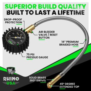 Rhino USA Heavy Duty Tire Pressure Gauge (0-75 PSI) - Certified ANSI B40.1 Accurate, Large 2" Easy Read Glow Dial, Premium Braided Hose, Solid Brass Hardware, Best for Any Car, Truck, Motorcycle, RV