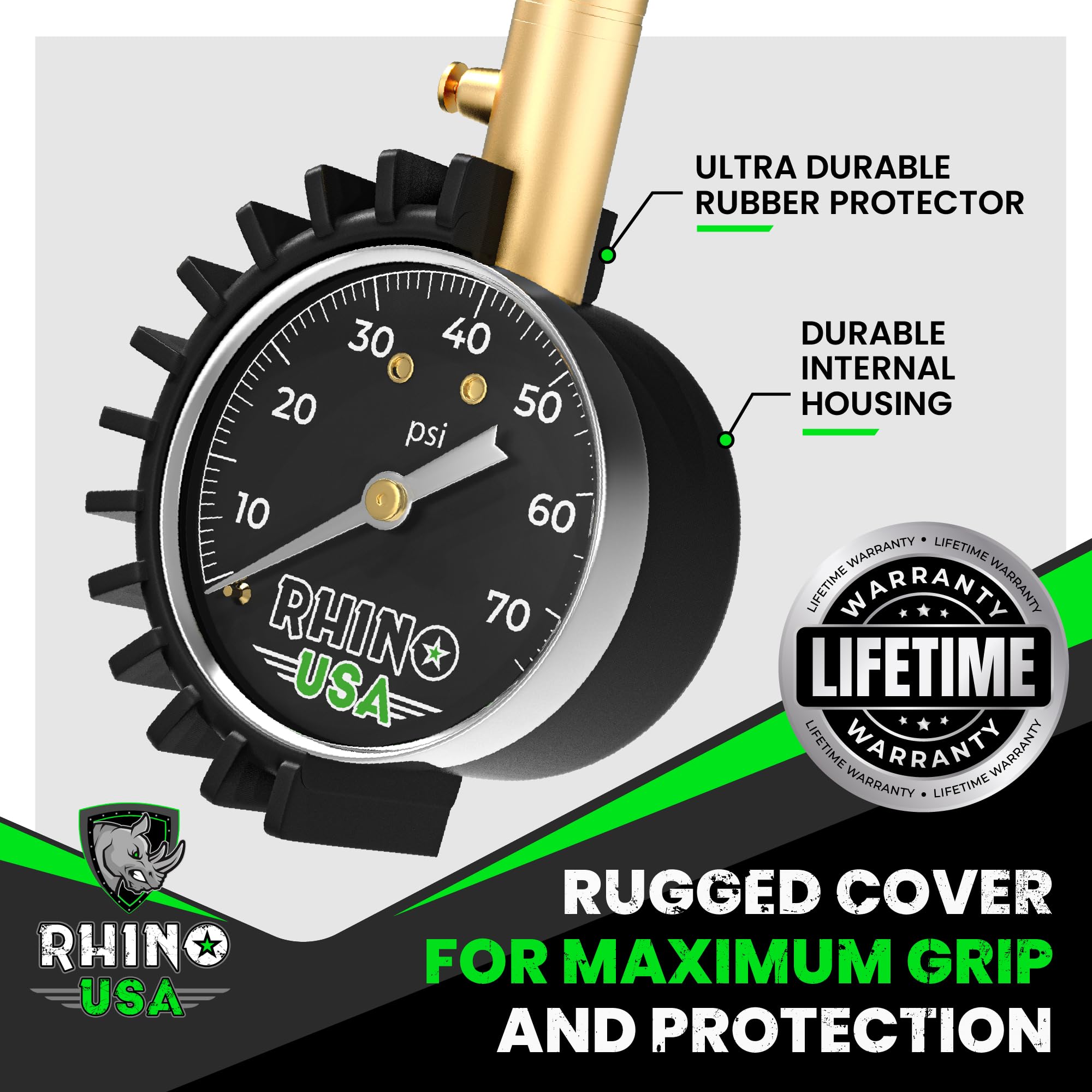 Rhino USA Heavy Duty Tire Pressure Gauge (0-75 PSI) - Certified ANSI B40.1 Accurate, Large 2" Easy Read Glow Dial, Premium Braided Hose, Solid Brass Hardware, Best for Any Car, Truck, Motorcycle, RV