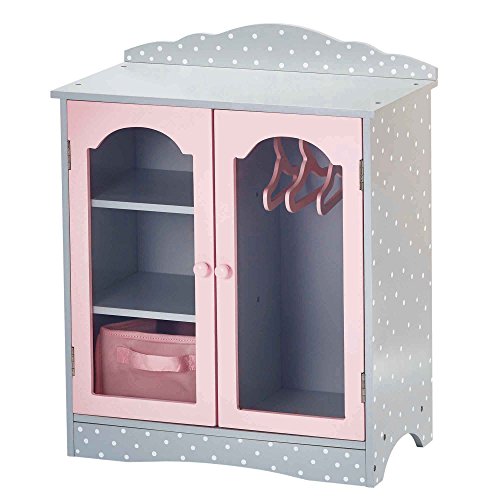 Olivia's Little World Polka Dot Princess Wooden Shaker-Style Double Closet for 18" Doll Wardrobes with Windowed Doors, Three Shelves, Hanging Space with Hangers, Gray/Pink