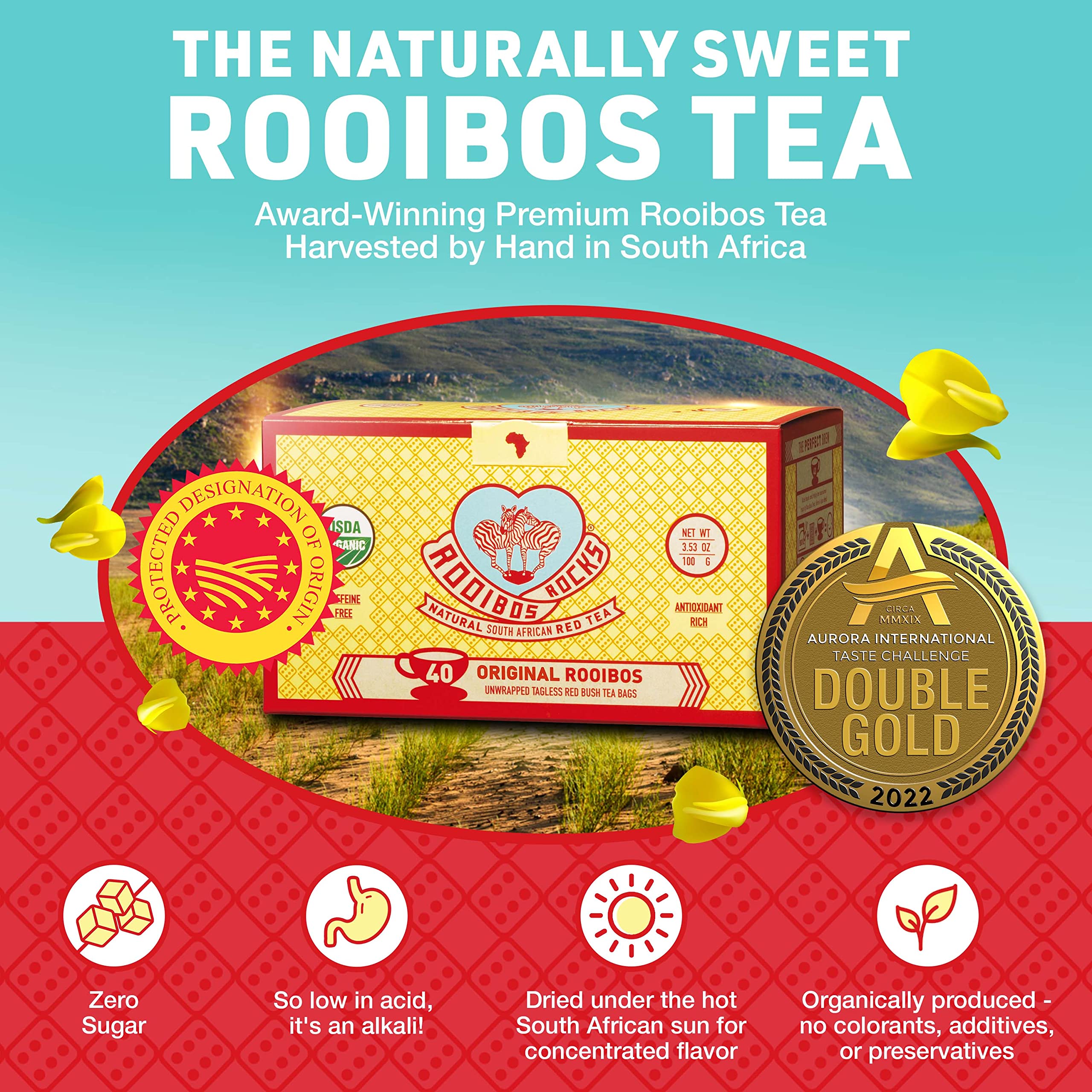 Caffeine Free Red Rooibos Tea Bags 40 - Naturally Sweet Herbal Tea Safe for Children and Pregnant Women - Low Tannin, Premium Organic Rooibos Tea Sustainably and Ethically Farmed in South Africa