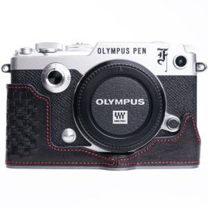 PENF Case, BolinUS Handmade Genuine Real Leather Half Camera Case Bag Cover for Olympus PEN-F Bottom Opening Version -Black