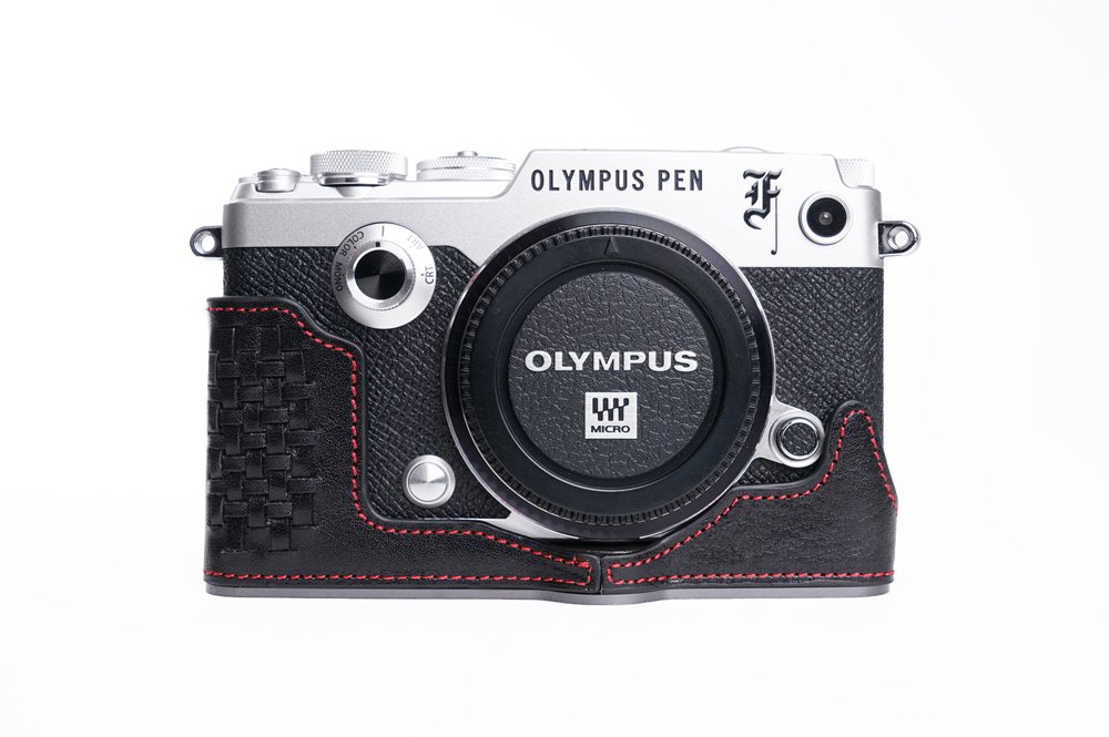 PENF Case, BolinUS Handmade Genuine Real Leather Half Camera Case Bag Cover for Olympus PEN-F Bottom Opening Version -Black