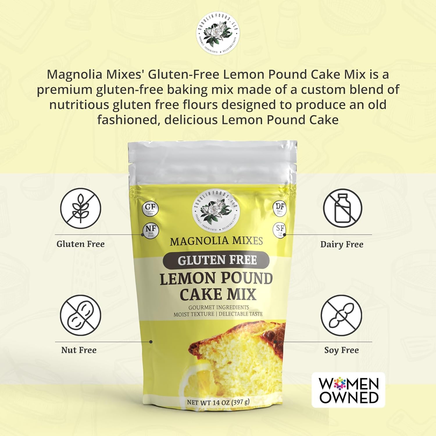 Magnolia Mixes - Lemon Pound Cake Mix - Easy 3-Step Baking with Ingredients: Potato Starch, Rice Flour, Tapioca Flour, and More! - 14oz Each (2-Pack)