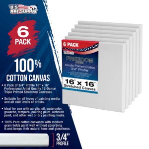 U.S. Art Supply 16 x 16 inch Stretched Canvas 12-Ounce Triple Primed, 6-Pack - Professional Artist Quality White Blank 3/4" Profile, 100% Cotton, Heavy-Weight Gesso - Acrylic Pouring, Oil Painting