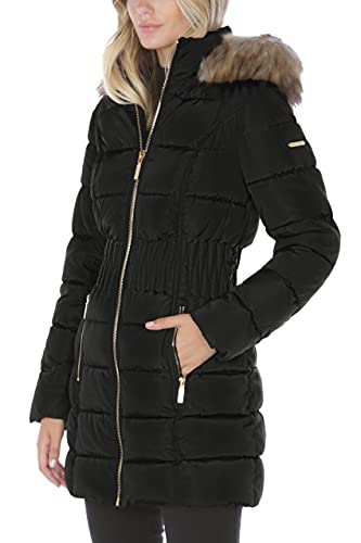 Laundry By Shelli Segal Women's 3/4 Puffer Jacket with Zig Zag Cinched Waist and Faux Fur Trim Hood, Black (2016), X-Small