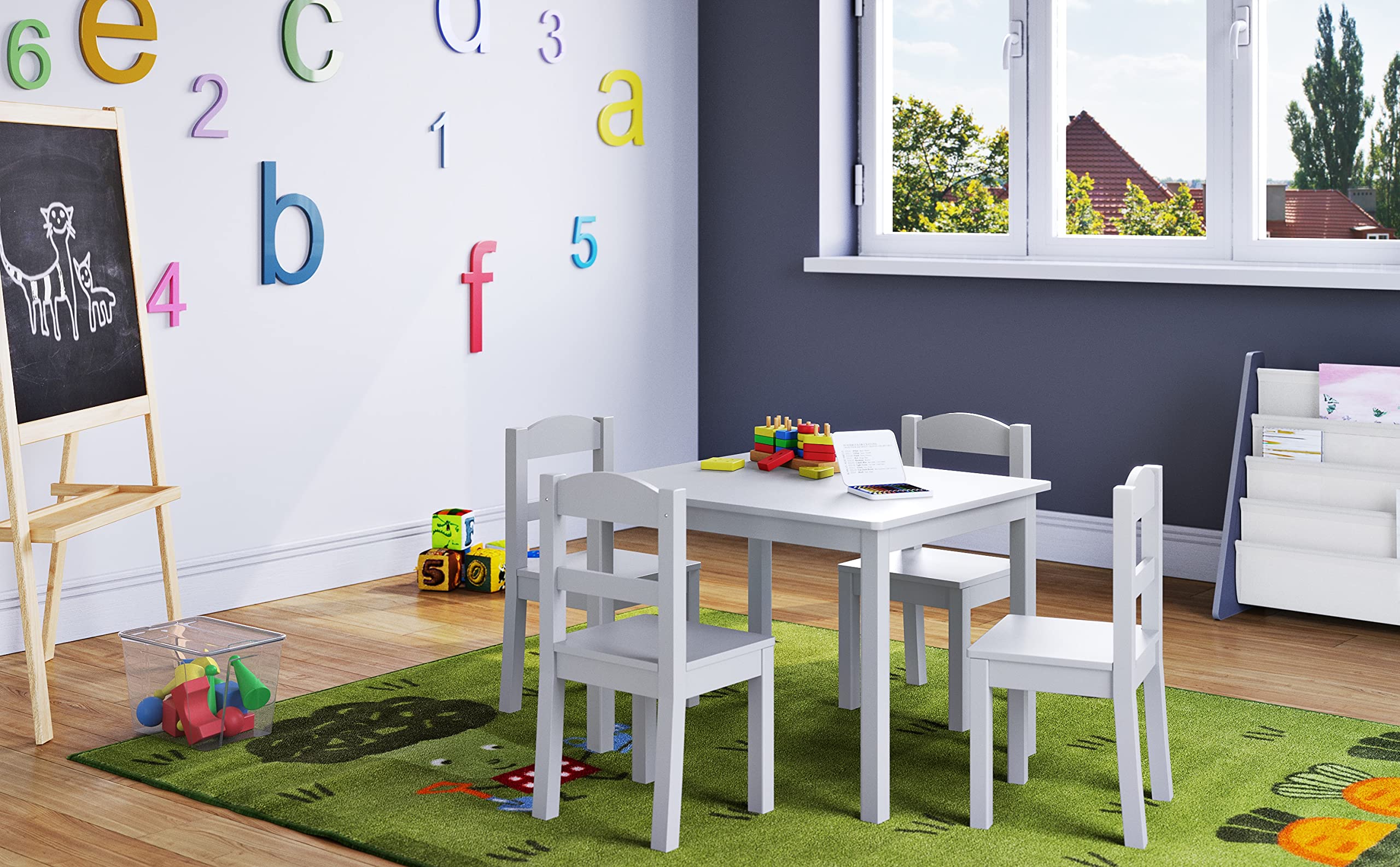 Humble Crew, White Kids Wood Table and 4 Chairs Set