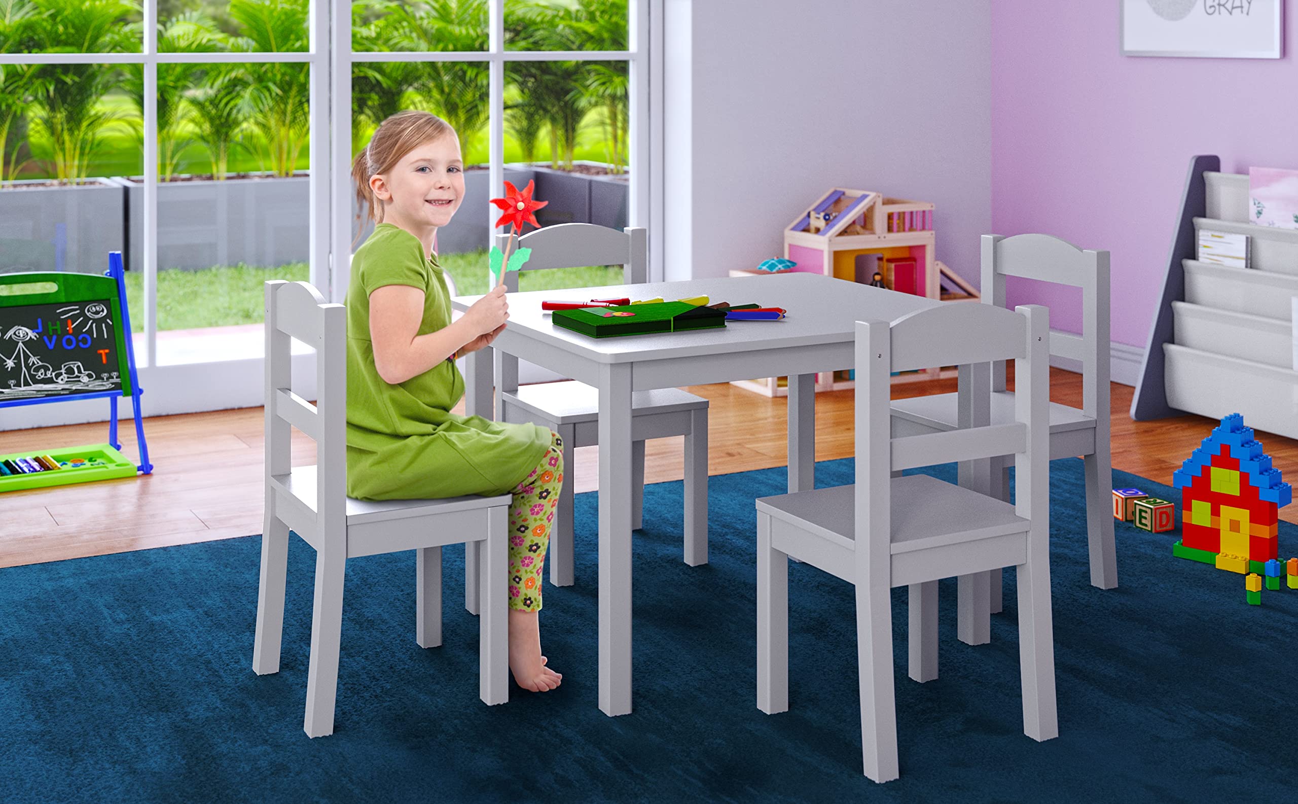 Humble Crew, White Kids Wood Table and 4 Chairs Set