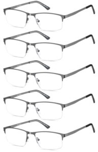 eyecedar 5-pack reading glasses for men blue light blocking gunmetal gray metal half frame spring hinges readers glasses mens readers 1.5