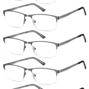 EYECEDAR 5-Pack Reading Glasses for Men Blue Light Blocking Gunmetal Gray Metal Half Frame Spring Hinges Readers Glasses Mens Readers 1.5