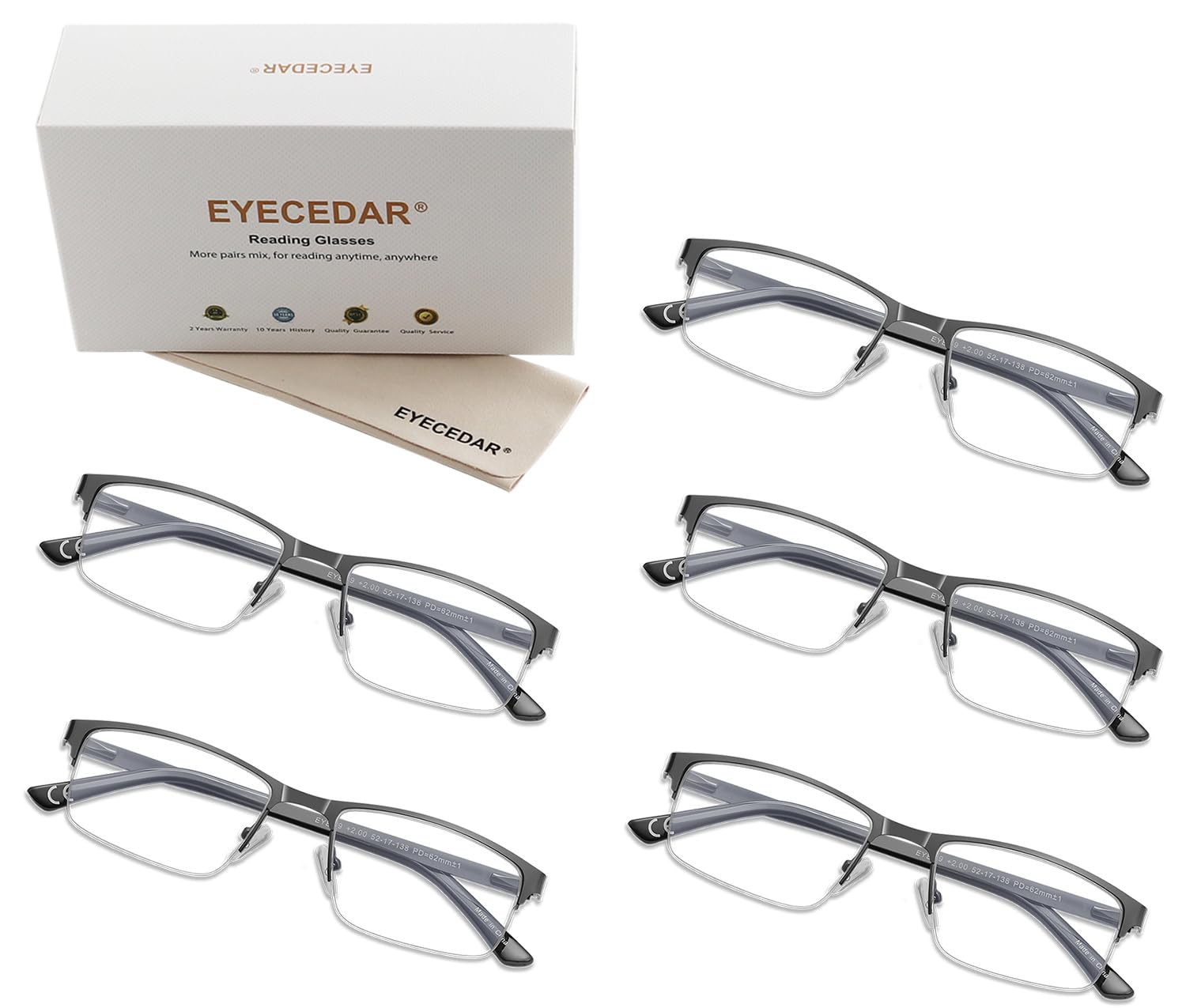 EYECEDAR 5-Pack Reading Glasses for Men Blue Light Blocking Gunmetal Gray Metal Half Frame Spring Hinges Readers Glasses Mens Readers 1.5