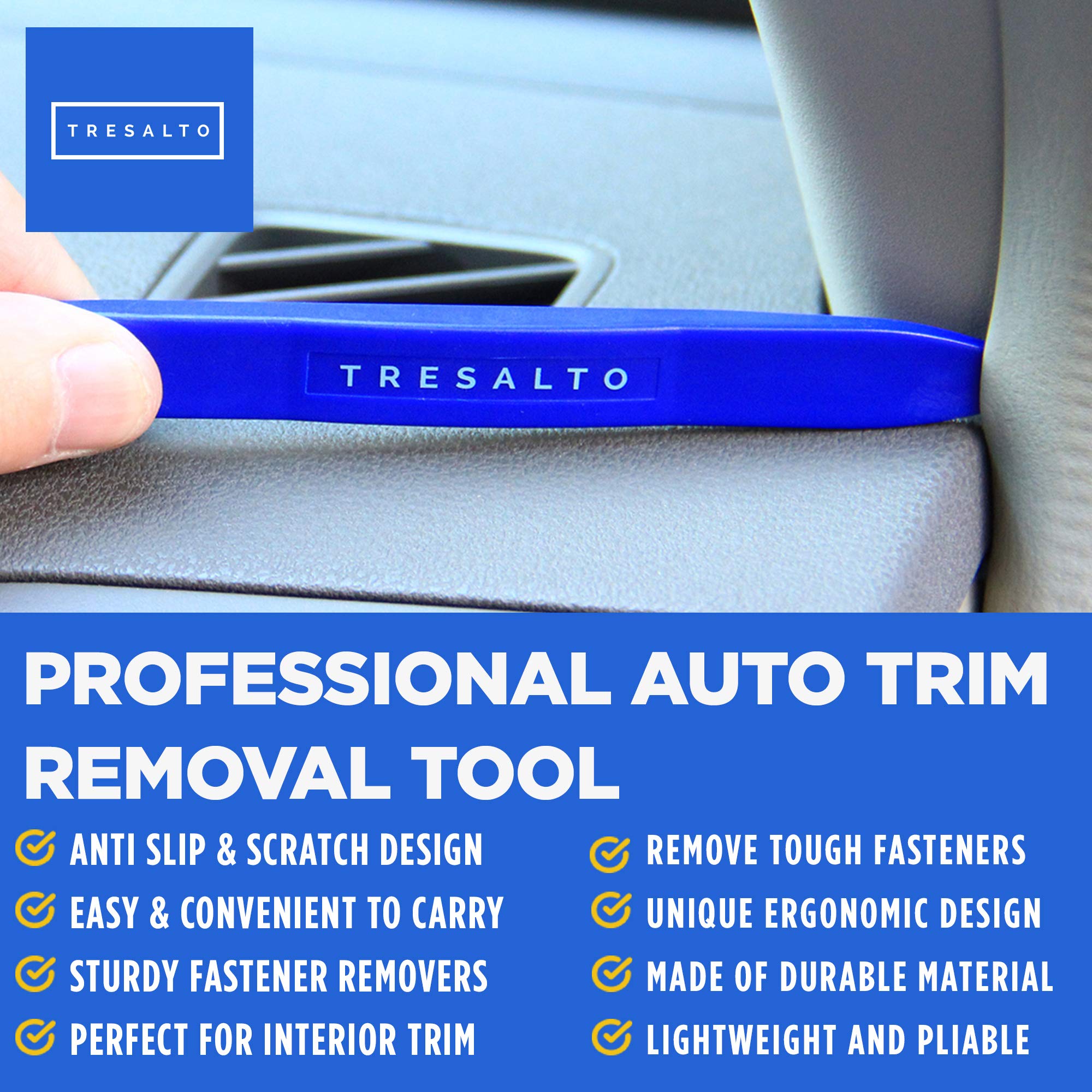 Tresalto Auto Trim Removal Tool Kit - 5pcs (No Scratch Plastic Pry Kit), Door Panel Removal Tool, Car Clips, Push Rivets, Molding, Dashboards, Interior Trim Tools, Blue