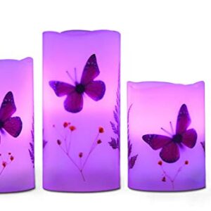 UNIVELA Candles Set of 3 Flameless 4" 5" 6" Unscented Tealight Butterfly Flower Plants Decor Real Wax Pillar Candle LED Lights 12 Color Changing 4H 8H Timer Remote Control AAA Batteries Operated