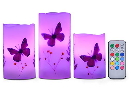 UNIVELA Candles Set of 3 Flameless 4" 5" 6" Unscented Tealight Butterfly Flower Plants Decor Real Wax Pillar Candle LED Lights 12 Color Changing 4H 8H Timer Remote Control AAA Batteries Operated